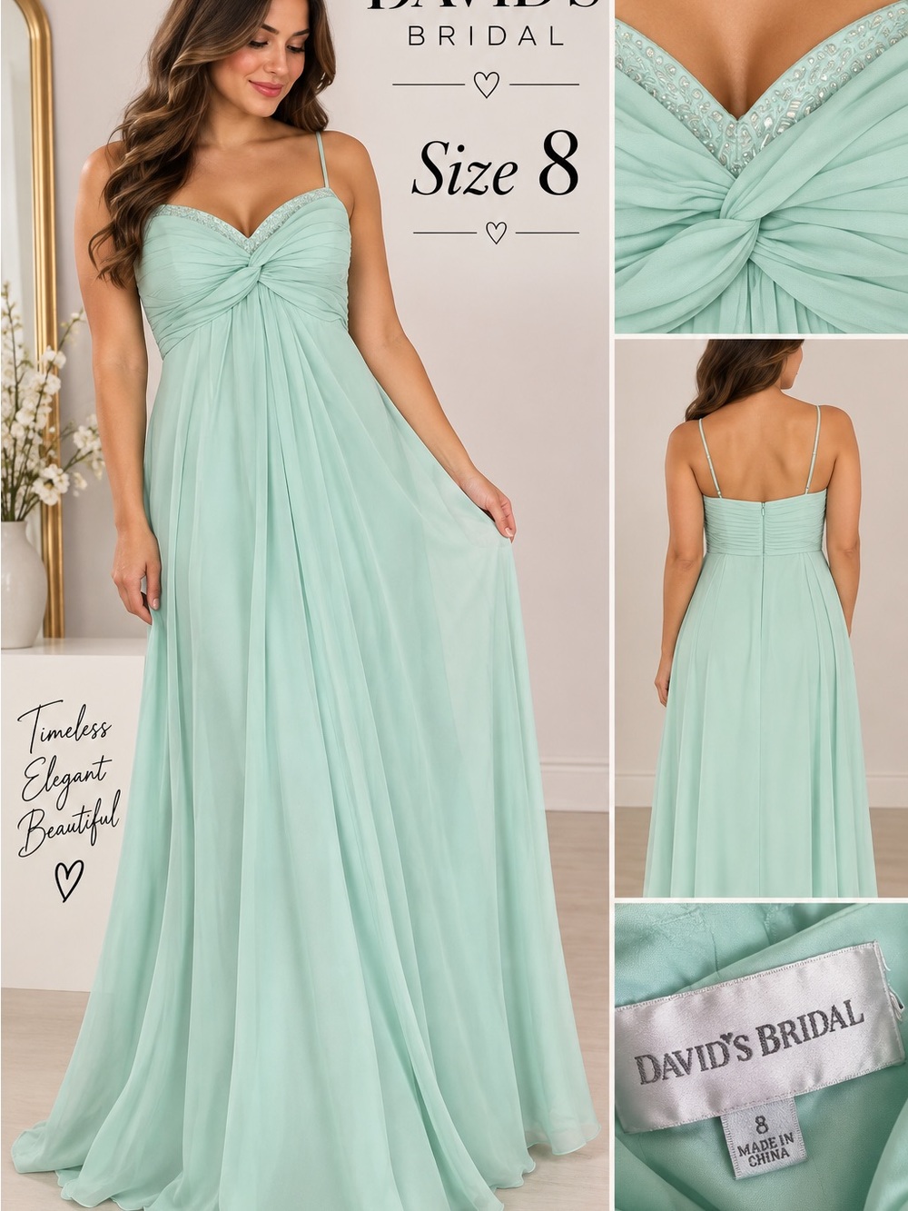 Davi’s Bridal Mint Green Chiffon Bridesmaid Dress Size 8